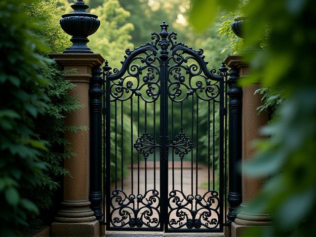 Portail en fer forgé ouvragé, montrant des détails complexes et une finition patinée.